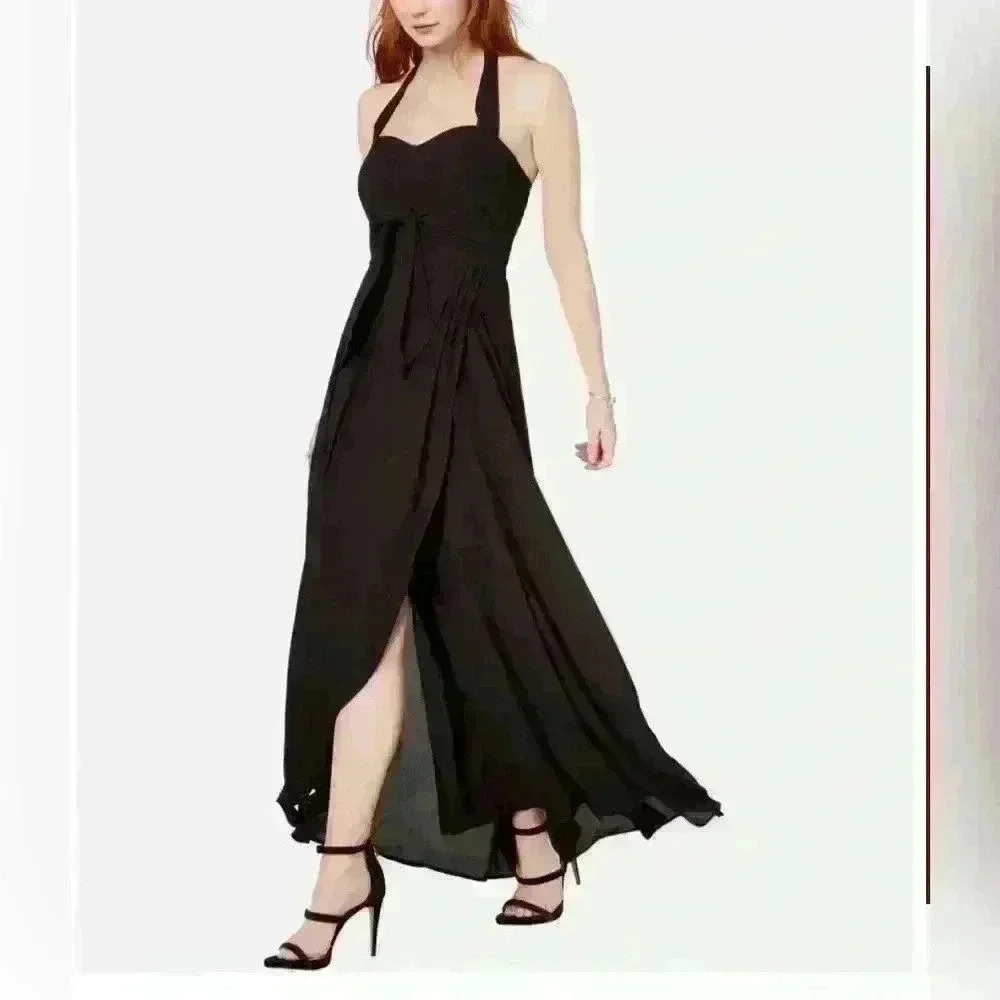 NWT Bar III Womens Faux Wrap Halter Maxi Dress Black, Size 6